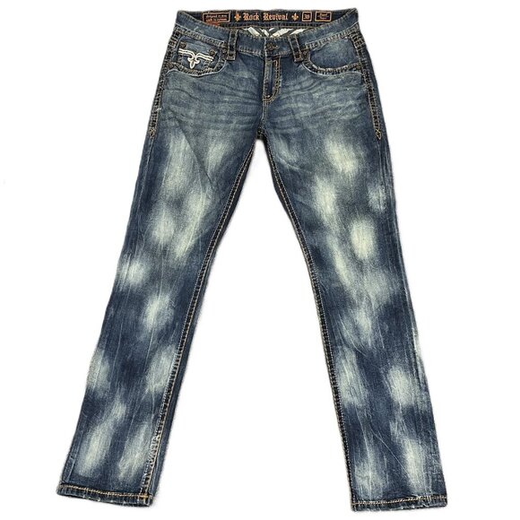 Rock Revival Rand Taper Jeans Men 36x34 Blue Tie Dye Studded Stretch Denim - Picture 1 of 12